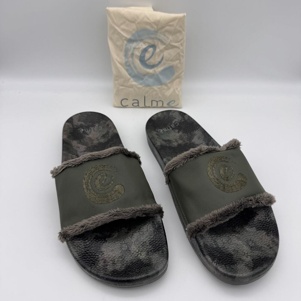 Johnny Was CALME Slide Sandals Womens Size 9 Space Camo Leather Green Resort NEW